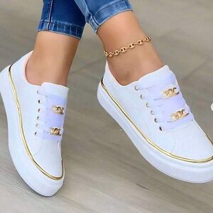 White Platform Sneakers with Gold Trim - Women